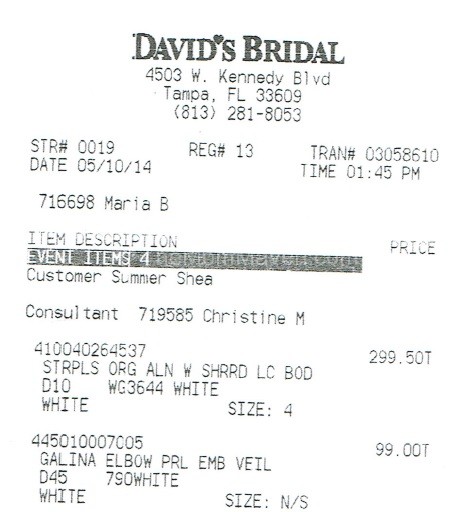 David's Bridal receipt