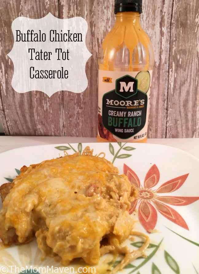 Today's Buffalo Chicken Tater Tot Casserole recipe falls in the mild, child friendly range. I used a new-to-me Creamy Ranch Buffalo Wing Sauce from Moore's Marinades & Sauces.