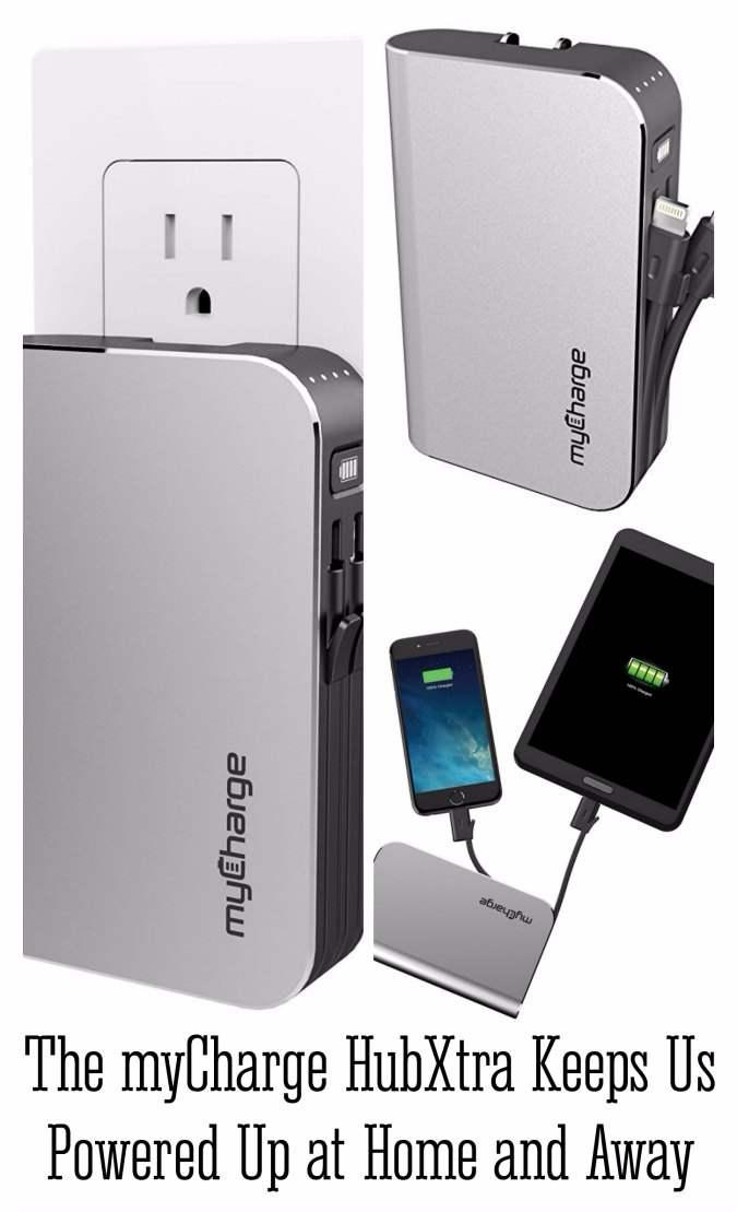 The myCharge HubXtra is an external battery charger for your electronic devices. It has a built-in Apple lightning cable, a built-in micro-USB cable, and a built-in USB port so that you can charge any of your devices.