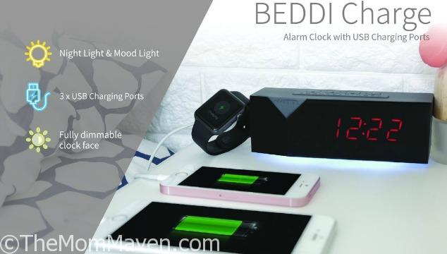 The BEDDI Charge alarm clock offers a sleek and compact way to keep track of the time, wake up peacefully, and charge up to 3 devices via the USB ports on the back.