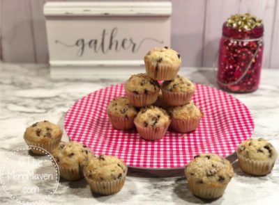 This easy mini chocolate chip muffin recipe makes 48 muffins. They are perfect on a brunch menu, to be shared at a meeting, or as a snack for the kids.