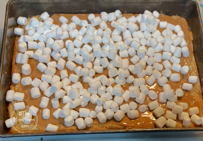 Peanut Mallow Bars in process with peanut butter and marshmallows
