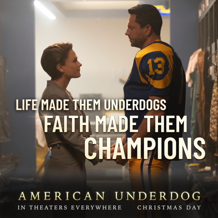 American Underdog tells the inspirational true story of Kurt Warner (Zachary Levi), who went from a stock boy at a grocery store to a two-time NFL MVP, Super Bowl champion, and Hall of Fame quarterback.